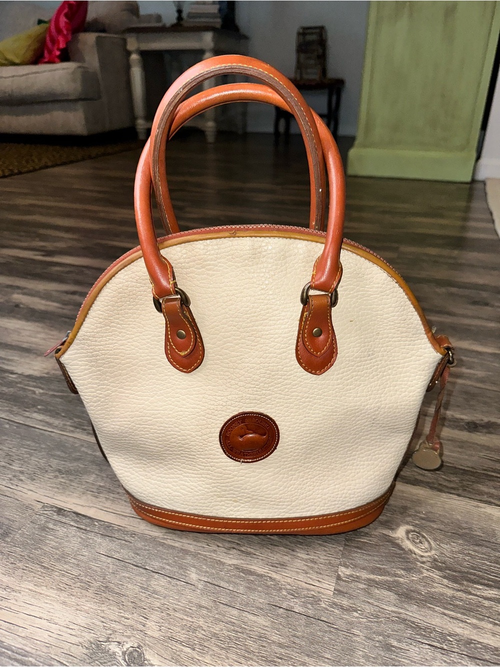 Vintage Dooney & Bourke All-Weather Leather AWL Ivory & British Tan Dome Satchel